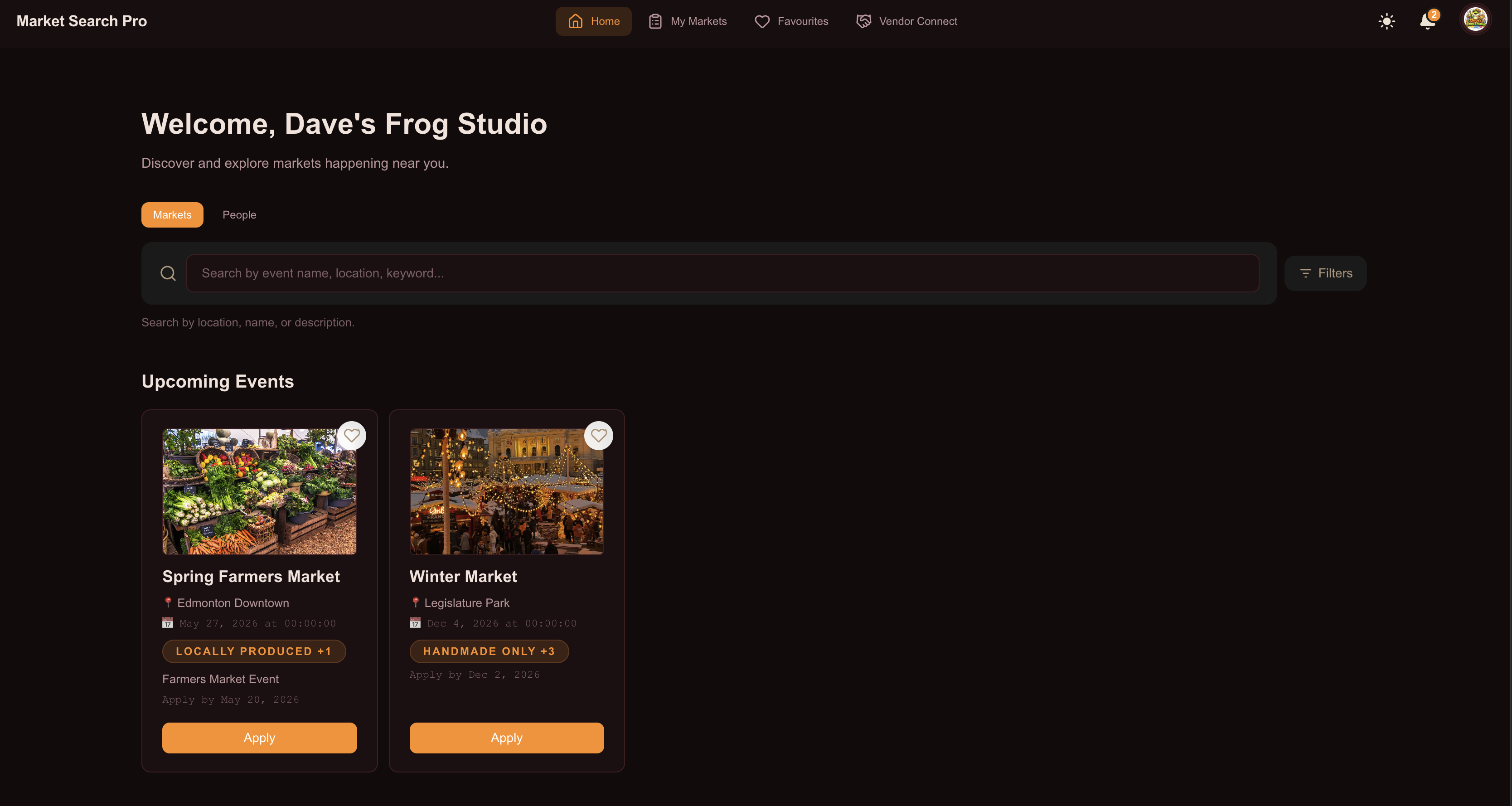 Market Search Pro homepage with event discovery and search filters