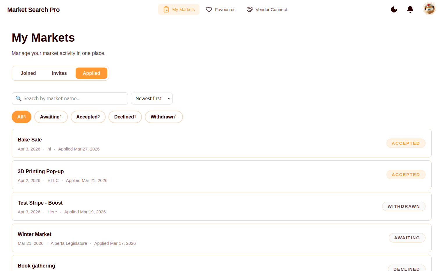 Market Search Pro vendor dashboard showing market application statuses