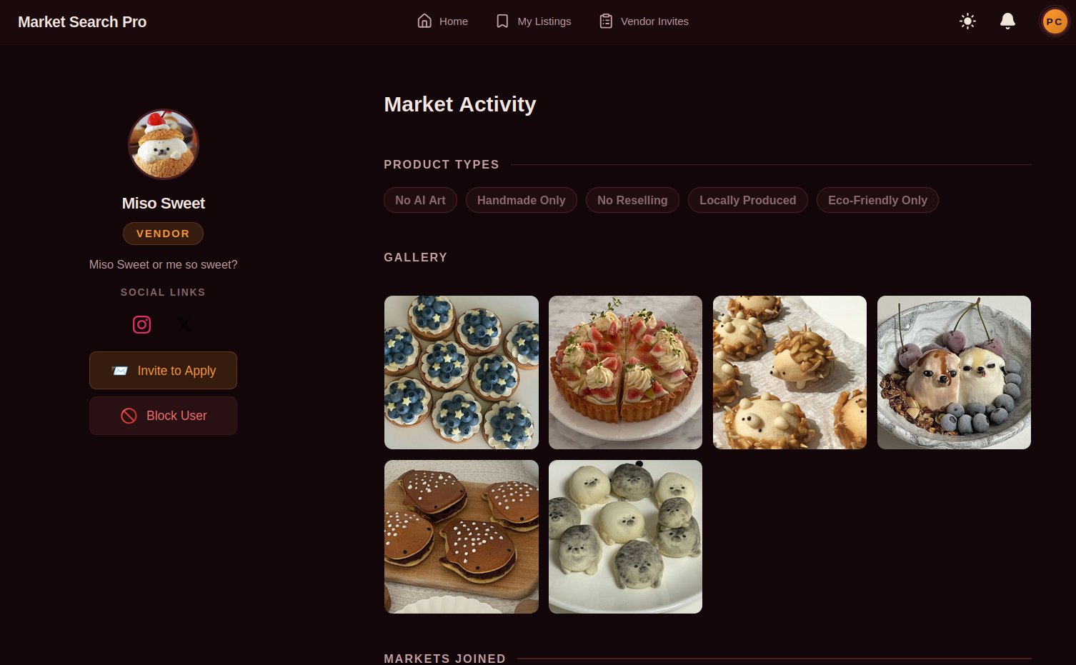 Market Search Pro vendor profile with gallery and product tags